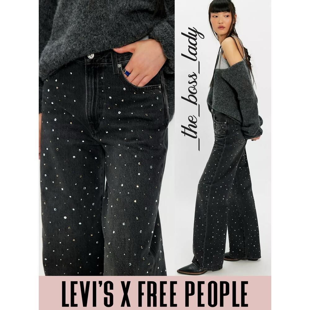 Levi’s ribcage wide-leg jeans 28 high rise embellished pant black rhinestones - Picture 4 of 12